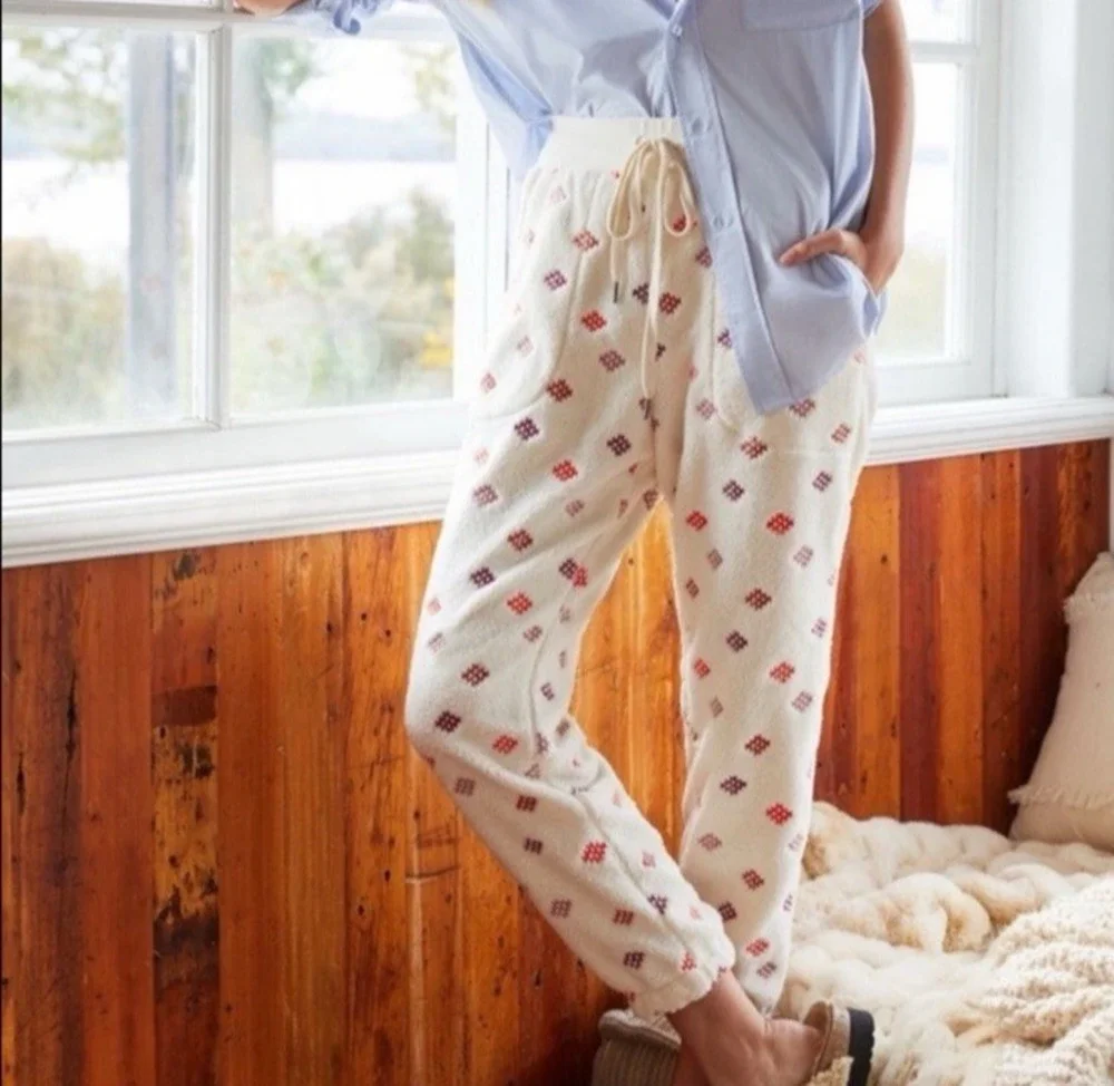Daily Practice Anthropologie Fleece Embroidered Joggers Lounge Pants PJs Size XS